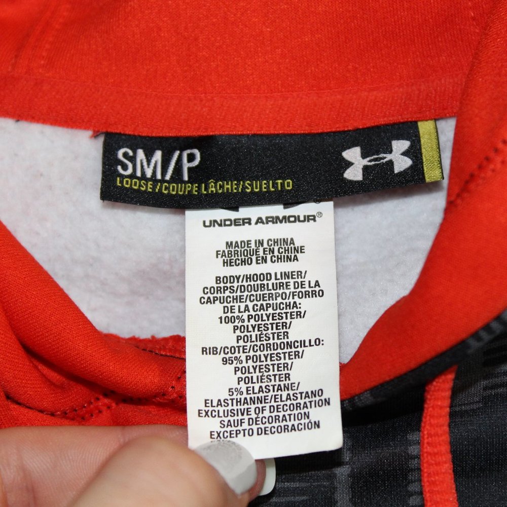 Under Armour Big Logo Sweatshirt Grey geometric pattern w/Orange trim Size S - Picture 2 of 3